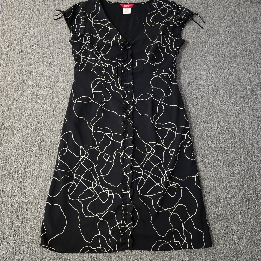 Esprit Black Abstract Print Ruffle Front Dress Womens 13-14 V Neck Midi